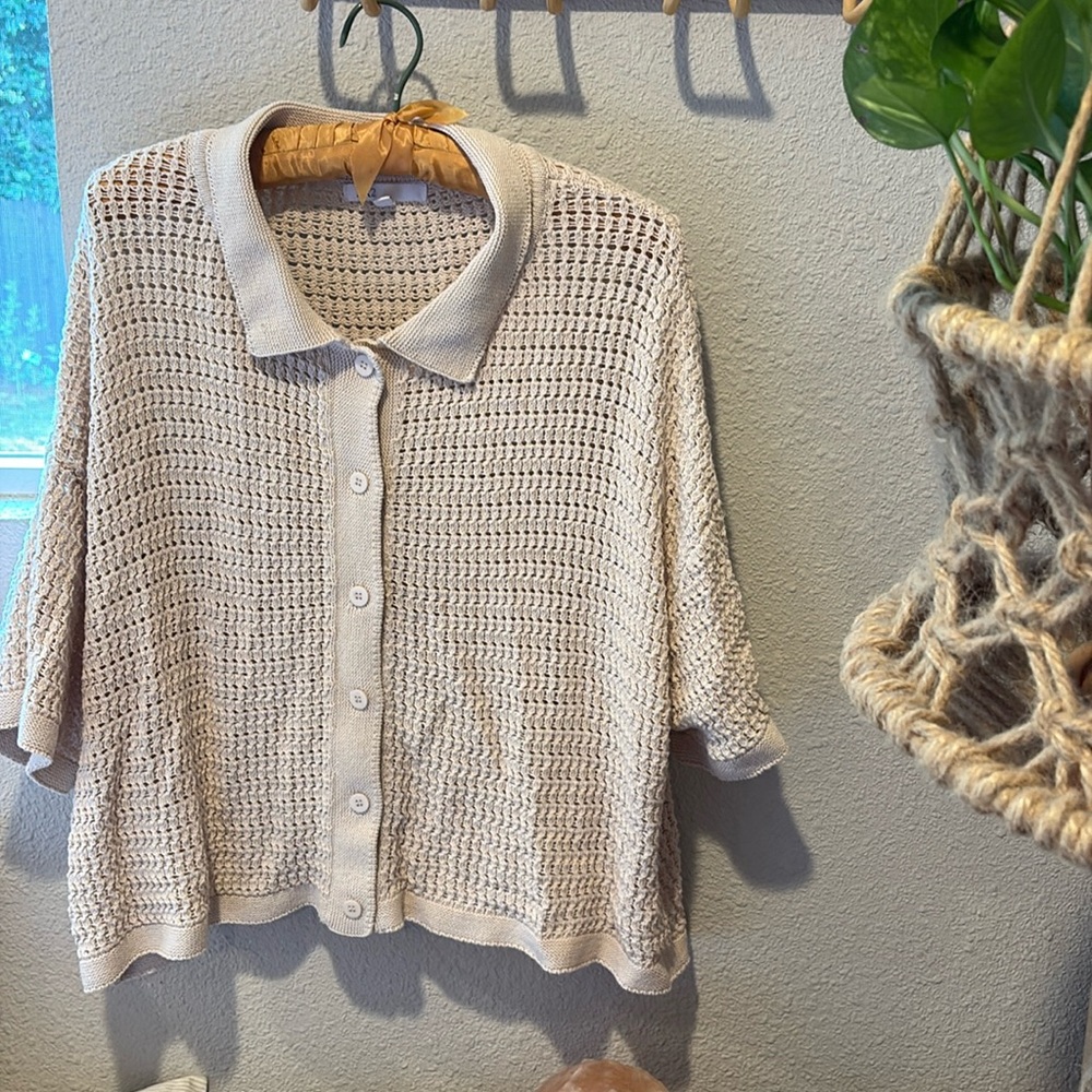 DR2 Nordstrom rack knitted open stitch short sleeve button up • size XL